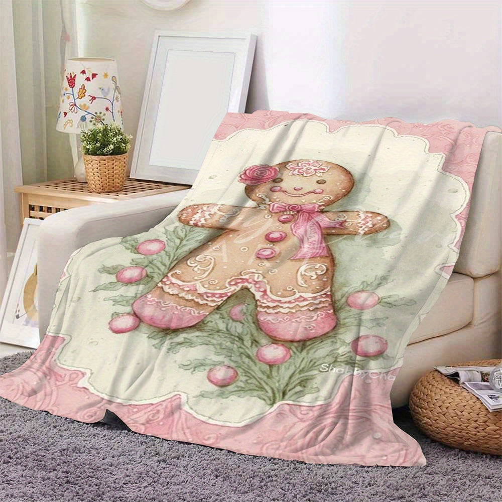 Christmas Pink Gingerbread for Man Cookie Winter Flannel Blanket, Digitally Printed Sofa Throw, Air Conditioning Blanket, Nap Blanket, Double-Sided Plush Gift Blanket