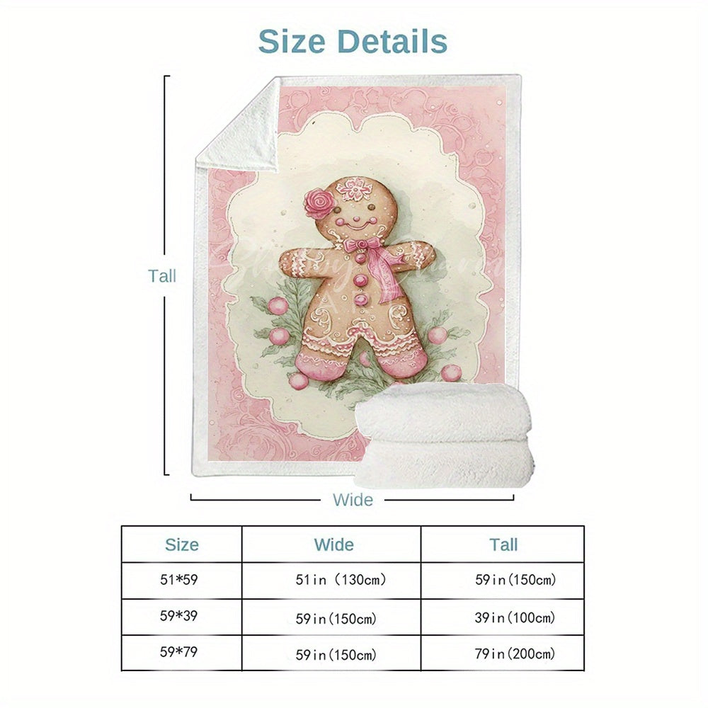 Christmas Pink Gingerbread for Man Cookie Winter Flannel Blanket, Digitally Printed Sofa Throw, Air Conditioning Blanket, Nap Blanket, Double-Sided Plush Gift Blanket
