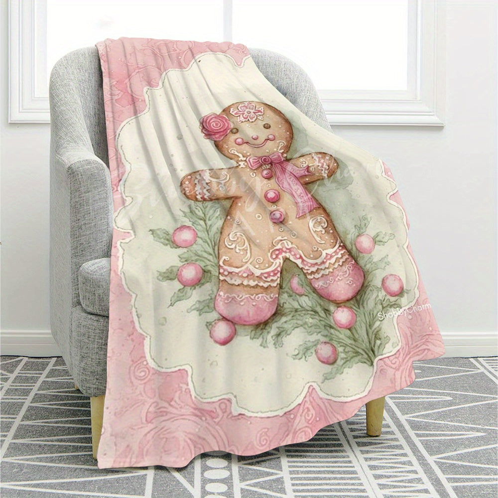 Christmas Pink Gingerbread for Man Cookie Winter Flannel Blanket, Digitally Printed Sofa Throw, Air Conditioning Blanket, Nap Blanket, Double-Sided Plush Gift Blanket