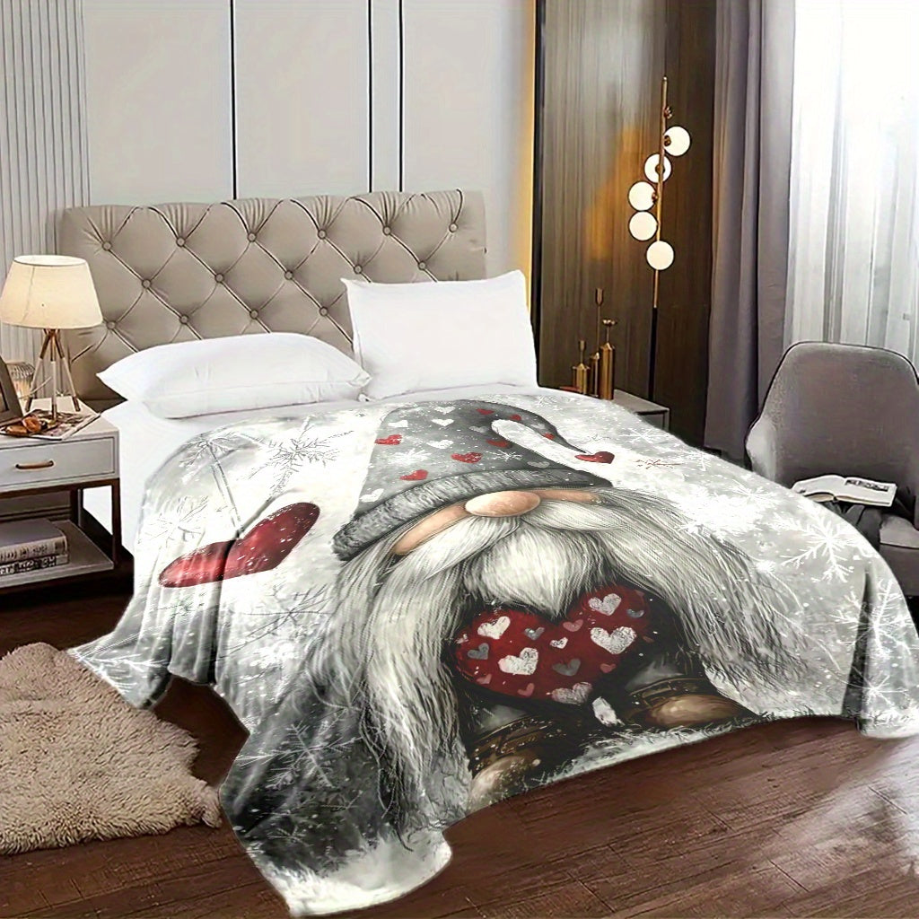 1pc Charming Christmas Gnome Flannel Blanket - Fantasy Theme with Playful Gnomes, Hearts, and Snowflake Patterns, All-season Machine-washable Polyester Fiber, Multi-purpose for Home Decor, Camping, Travel, Office - Mixed Colors, Travel Blanket |