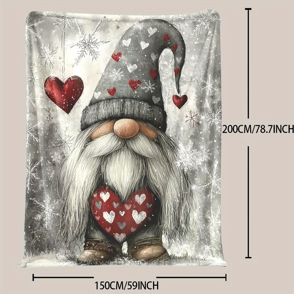 1pc Charming Christmas Gnome Flannel Blanket - Fantasy Theme with Playful Gnomes, Hearts, and Snowflake Patterns, All-season Machine-washable Polyester Fiber, Multi-purpose for Home Decor, Camping, Travel, Office - Mixed Colors, Travel Blanket |