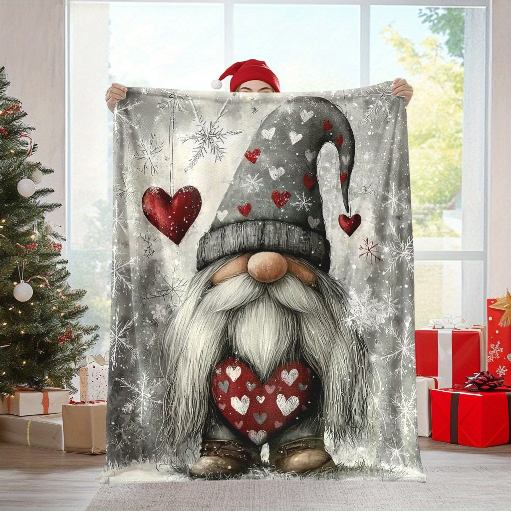 1pc Charming Christmas Gnome Flannel Blanket - Fantasy Theme with Playful Gnomes, Hearts, and Snowflake Patterns, All-season Machine-washable Polyester Fiber, Multi-purpose for Home Decor, Camping, Travel, Office - Mixed Colors, Travel Blanket |