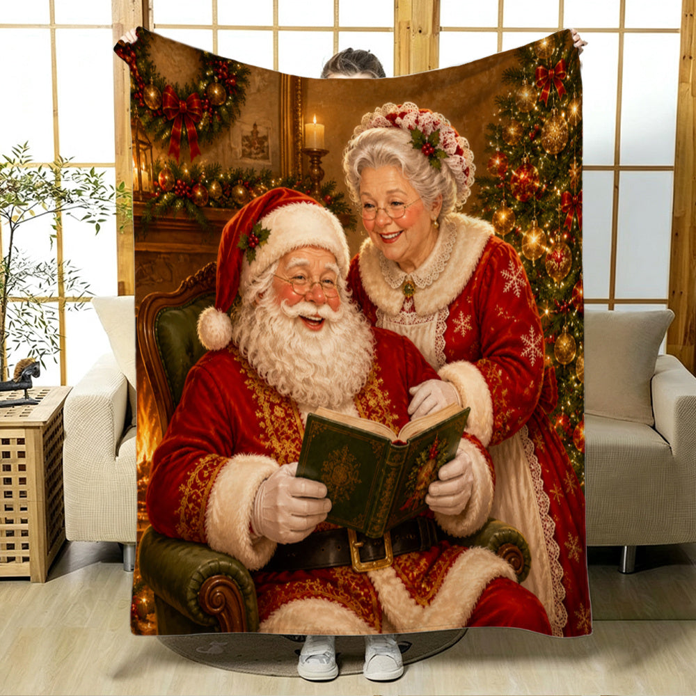 1pc Christmas Fleece Blanket, Comfortable Santa And Mrs. Claus Design, Soft And Cozy Sofa Nap Blanket, Perfect for Home Decor, Camping, Gifts, Pet Blanket 59X78.7 Inches