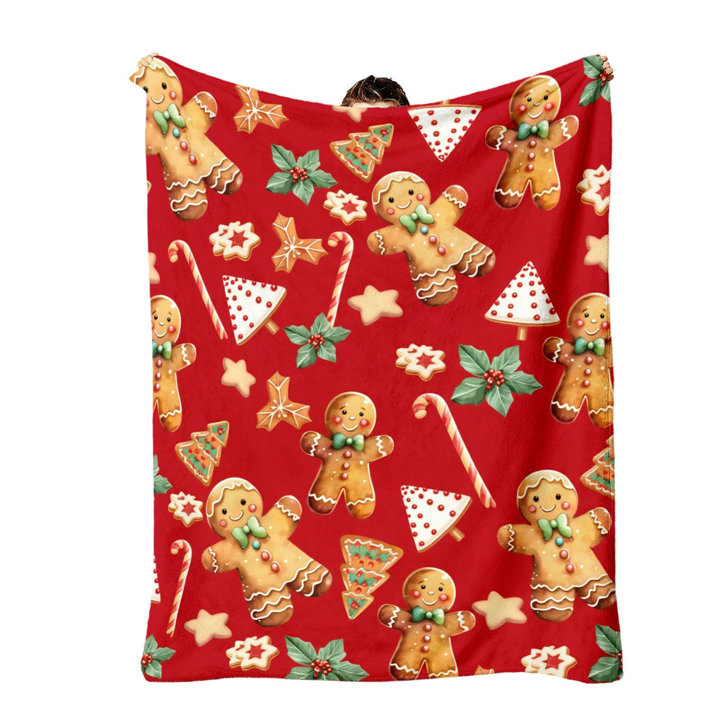 A Gingerbread Man, a Candy Bar, And a Christmas Pine. Hypoallergenic Flannel Topper for All Seasons, Digitally Printed Blanket, Mixed Colors, for Sofas And Sofas - Perfect for Year-Round Home Decor