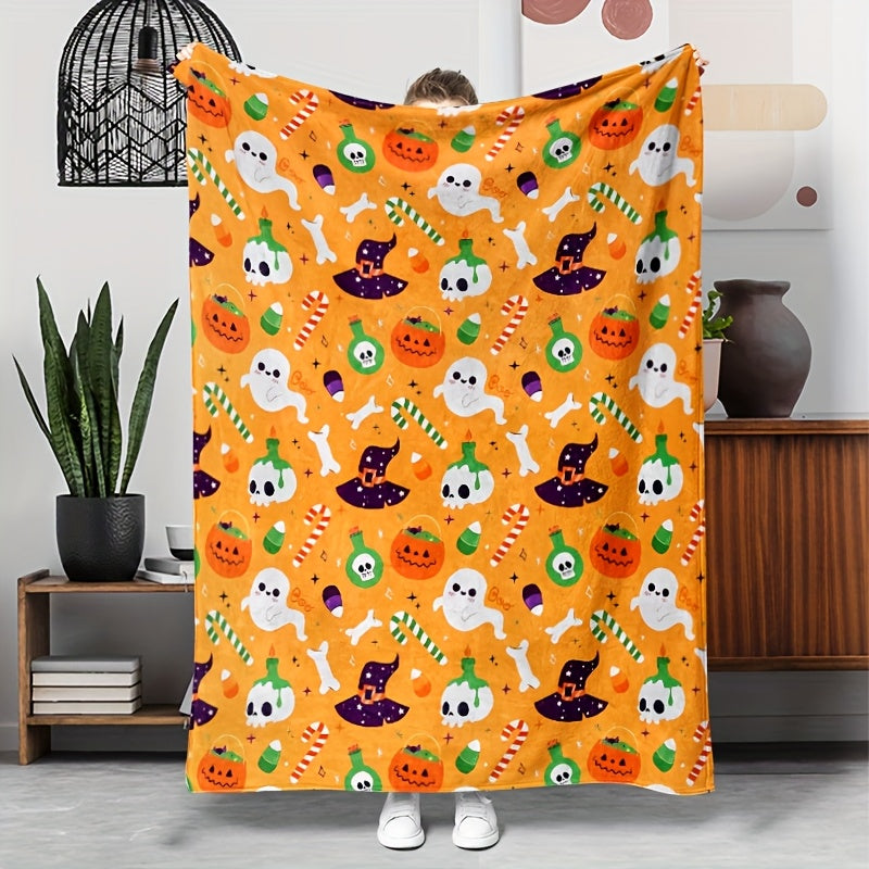 1pc Halloween Pumpkin Pattern Orange Flannel Blanket, Soft, Comfortable, and Warm, Cartoon Design, Durable Plush Surface, All-Season Bed Blanket, Warm Throw Blanket, Multiple Sizes Available, Suitable for Living Room, Bedroom, Sofa
