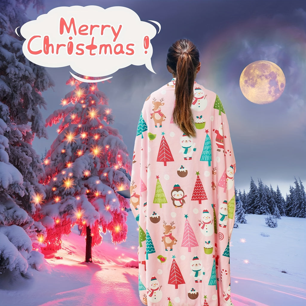 1pc, Santa Claus and Snowman Pattern Pink Flannel Blanket, Soft, Comfortable, and Warm, Cute Cartoon Design, Durable Plush Surface, All-Season Universal Sofa Blanket, Warm Throw Blanket, Suitable for Living Room, Bedroom, Sofa, Balcony, and Reading