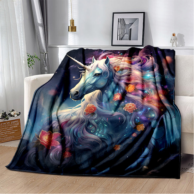1pc 2D Flat Printing, Unicorn And Flowers Blanket, Soft Fleece Blanket - Starry Blue Design, Multi-Size Available, Suitable for Living Room, Bedroom, Balcony, Courtyard, And Reading Nook