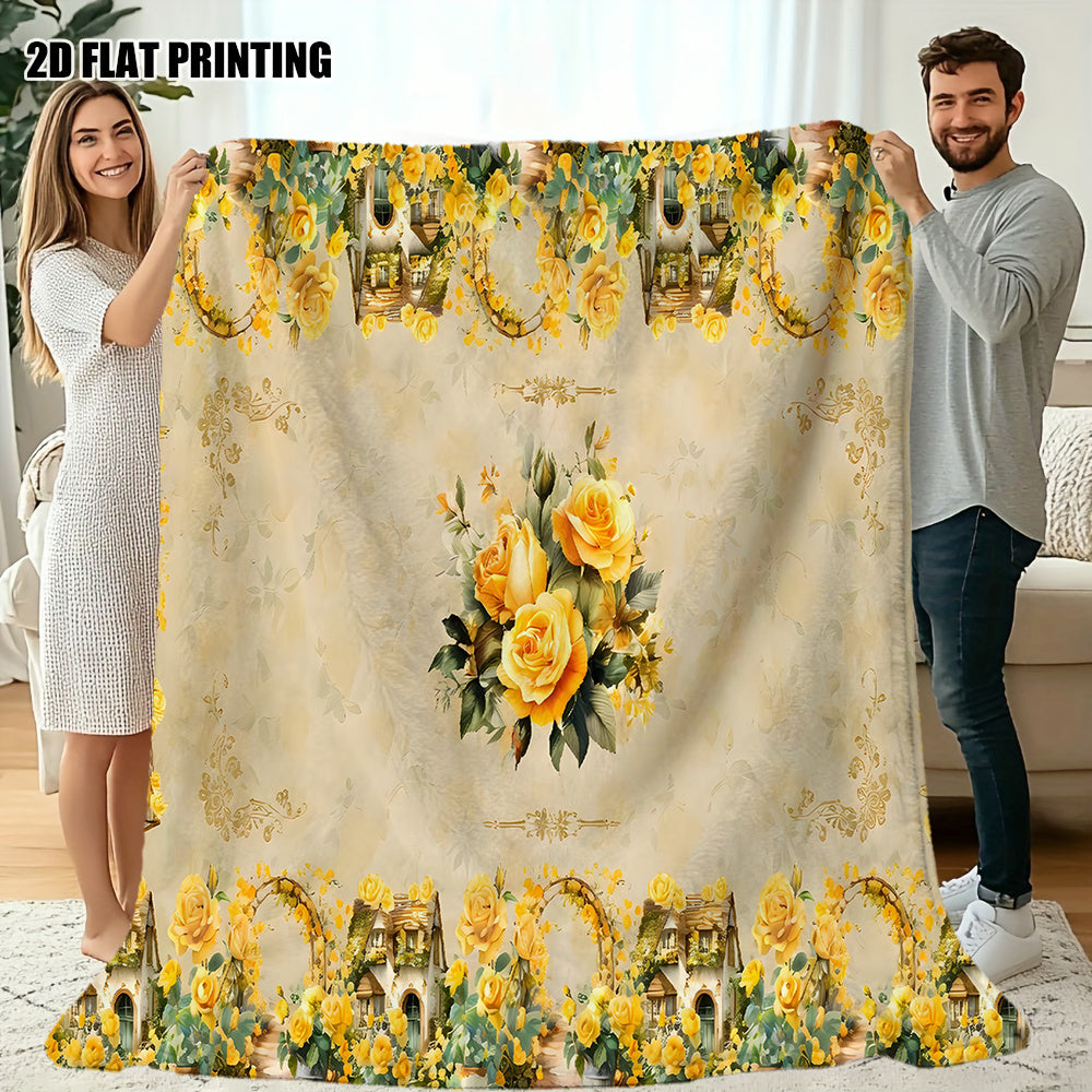 1pc Yellow Rose Pattern Blanket, Vintage Style Design, Soft Plush Surface, Lightweight and Durable Flannel Material, Multiple Sizes Available, Perfect for Holiday Decor, Living Room Lounging, Bedroom Warmth, Study Reading, Seasonal Home Decor