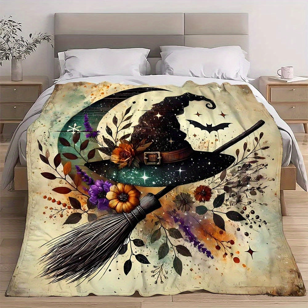 1pc Halloween Wizard Print Blanket, Dark Night Magic Throw Blanket, Super Warm Soft and Cozy Flannel Blanket, Multiple Sizes Available, Suitable for Living Room, Bedroom, Study, Balcony