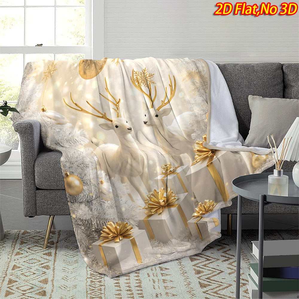 2D Flat Printing, 1pc Flannel Christmas Reindeer Print Blanket with Golden Gift Box and Snowflake Design—Soft, Warm, and Cozy, Lightweight and Durable, Multiple Sizes Available, Perfect for Christmas, Living Room Decor, Bedroom Warmth