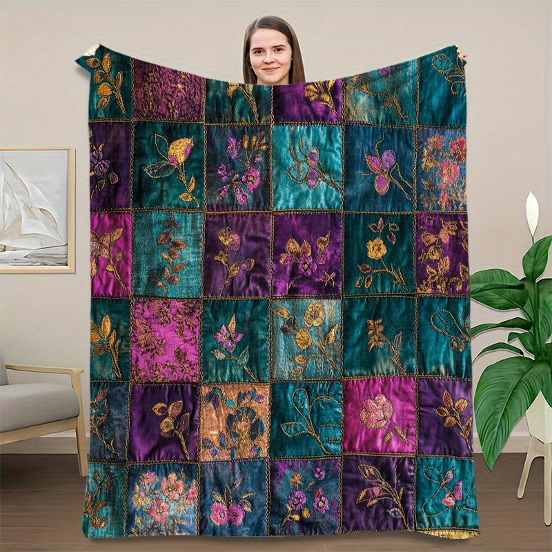 1pc Retro Floral Patchwork Printed Blanket, Ethnic Style Throw, Ultra-Warm And Soft, Flannel Blanket, Multi-Size Available, Suitable for Living Room, Bedroom, Sofa, Bedside