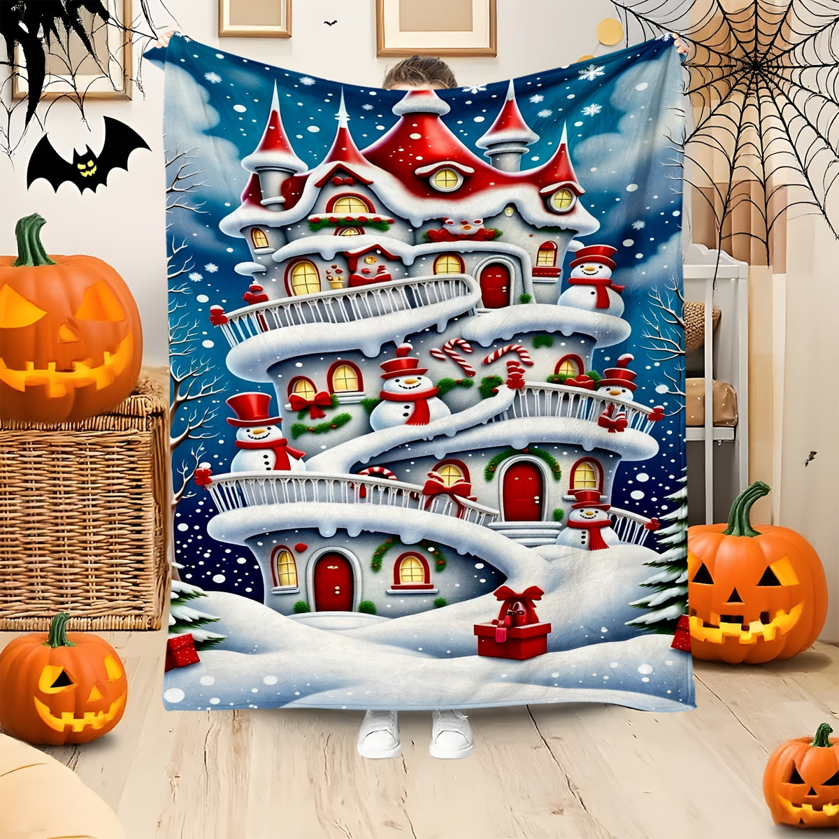 1pc Snowman And Christmas House Pattern Blue Design Flannel Oversized Blanket, Christmas Winter Decor, Suitable for Weekend Sofa Naps, Home Afternoon Rest, Camping Leisure