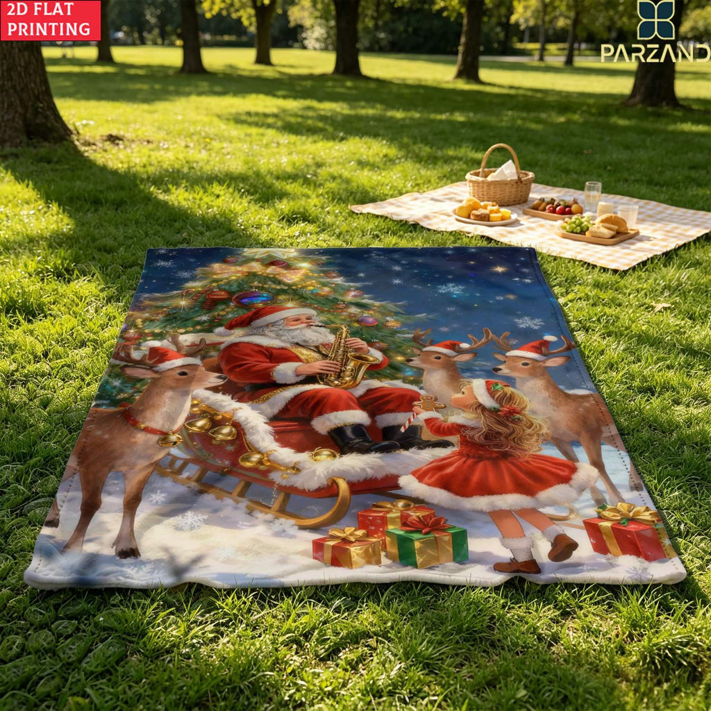 1pc Santa Claus Playing Saxophone And Reindeer Girl Pattern Black Red Main Color Flannel Large Blanket, Multi-Size Full-Body Blanket, Christmas Winter Decor, Durable Plush, All-Season Use, Suitable for Bed End Decoration, Dorm Life, Weekend Sofa Nap