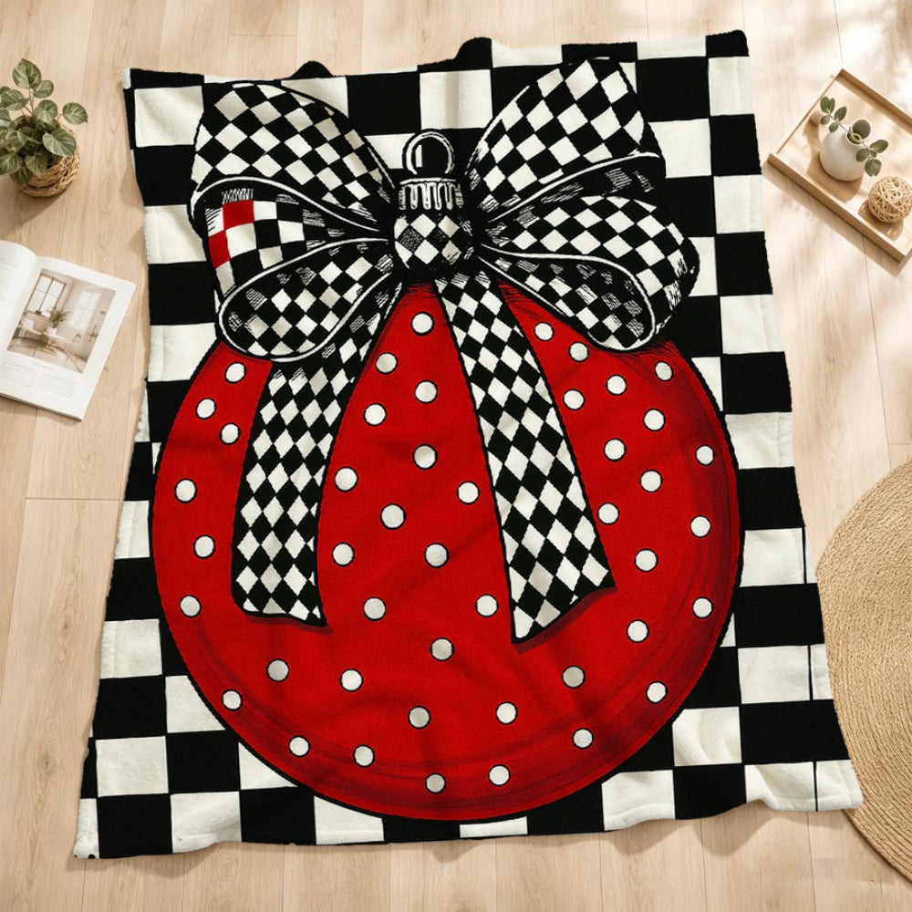 1pc Flannel Blanket with a Red Background Featuring White Polka Dots and a Black-and-white Checkered Bow Pattern, Designed for Christmas Holiday Decoration. Soft Plush Surface, Suitable for All Seasons. Ideal for Holiday Home Decor, Weekend Naps