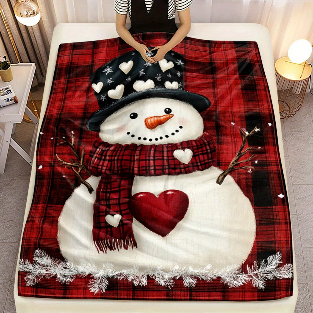 1pc Snowman And Red Checkered Christmas Theme Flannel Oversized Blanket, Red Plaid Design, Holiday Home Decor, Reading Time, Home Nap