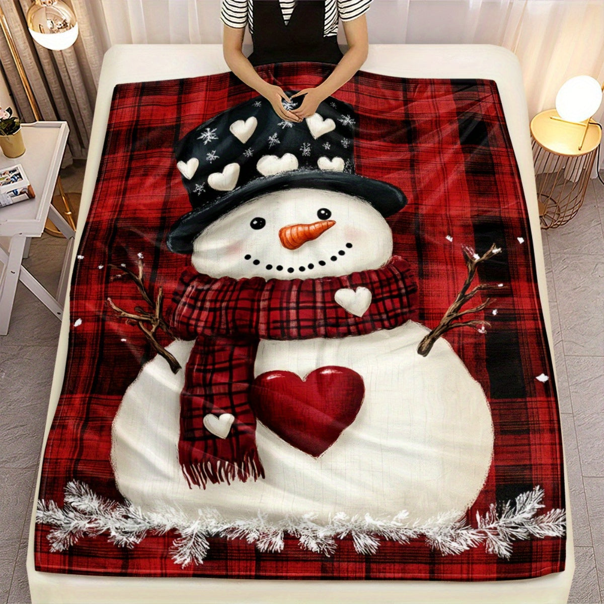 1pc Snowman And Red Checkered Christmas Theme Flannel Oversized Blanket, Red Plaid Design, Holiday Home Decor, Reading Time, Home Nap