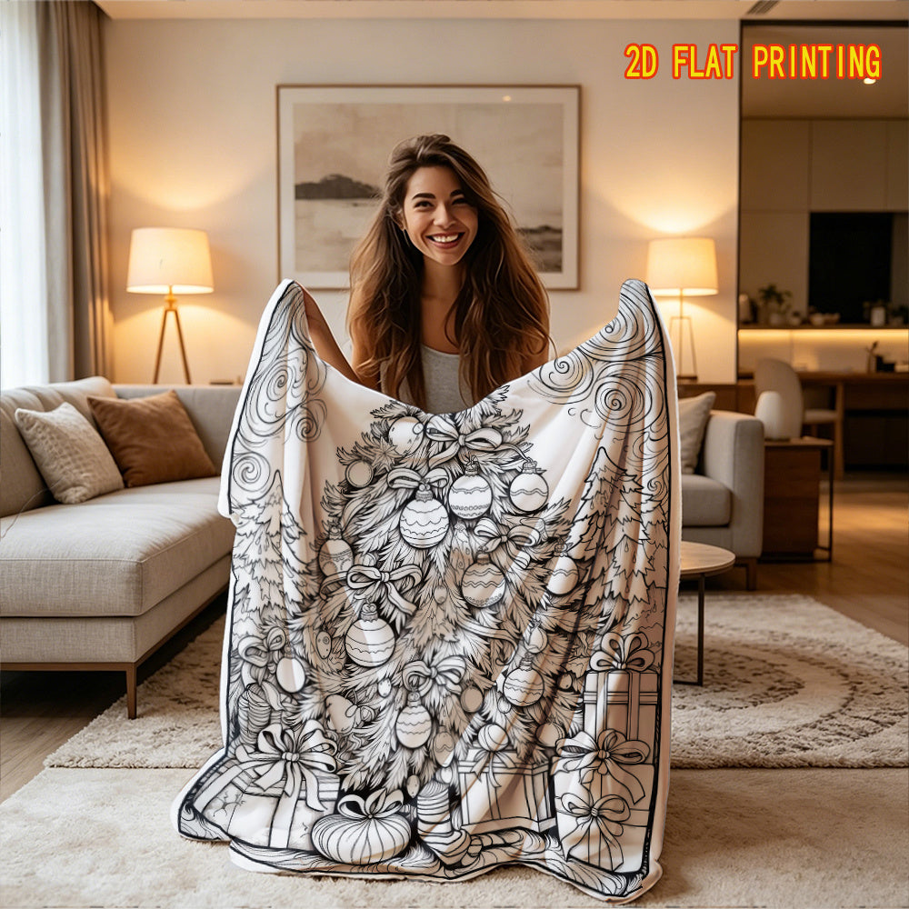 A Color-Filled And Decompressed Hand-Painted Wind Blanket - Christmas Tree Gift Flannel Blanket, The Christmas Tree Covered with Colored Ball Bows Is in The Center of The Picture, Gift Boxes And Christmas Socks Are Placed Under The Tree