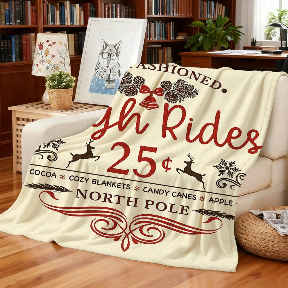 1pc Vintage Christmas-themed "North Pole" Design Cream Beige Flannel Blanket, Featuring a Cozy Holiday Decorative Style. Soft Plush Surface, Suitable for All Seasons. Ideal for Office Naps, Bedroom Bedding, and Seasonal Home Warmth