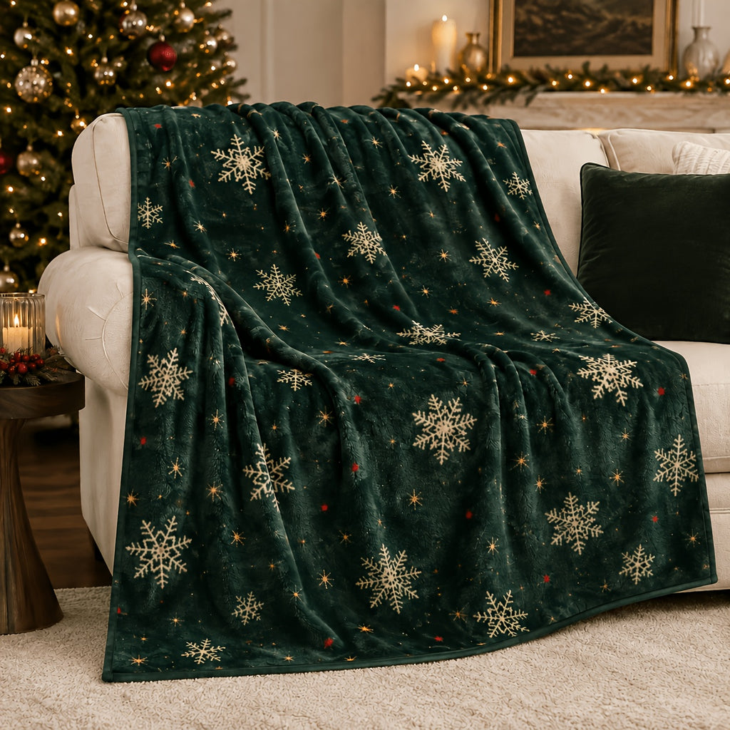 Blanket, Dark Green Winter Night Star Snow Christmas Blanket, Milk White Snowflake Golden Star Dot Pattern Soft Blanket, Living Room Sofa Bedroom Autumn And Winter Warm Home Decoration Blanket