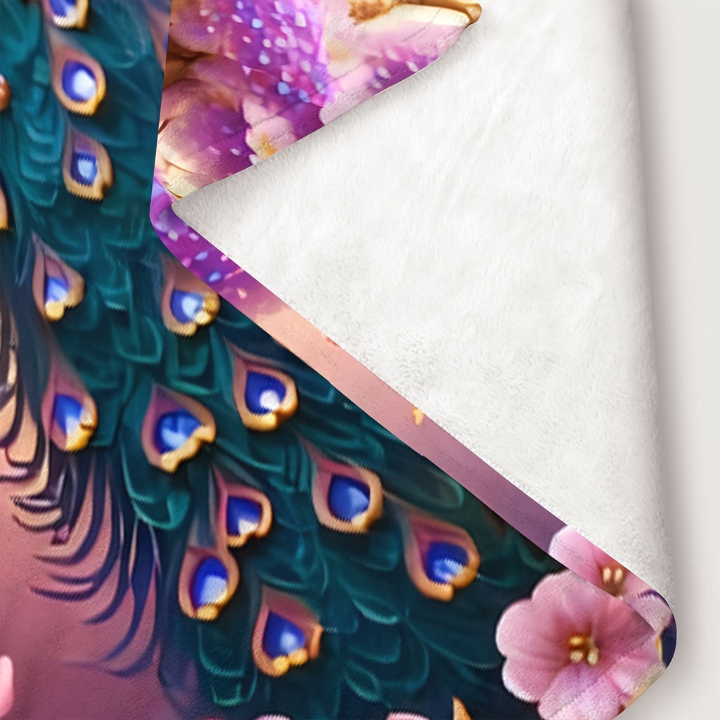 1pc 2D Flat Printing, Peacock And Floral Tree Theme Blanket, Soft Fleece Blanket - Purple Dreamy Design, Multi-Size Available, Suitable for Living Room, Bedroom, Sofa,, And Reading Area