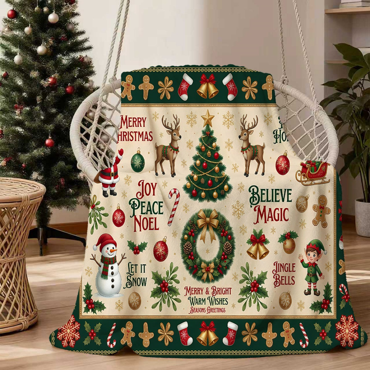 1pc Christmas-themed Flannel Blanket in Green and Beige, Soft, Comfortable, and Warm, Featuring Santa Claus, Reindeer, and Christmas Tree Patterns. Made with Durable Plush Fabric, It's a Versatile All-season Sofa Throw and Cozy Cover Blanket.