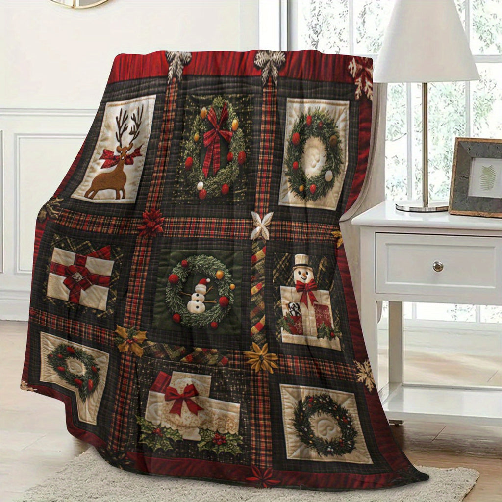 Vintage Red Snowman, Reindeer, Garland, Gift Patchwork Pattern Blanket for Family And Friends, High-Quality Polyester Machine Washable, Multifunctional Comfortable Sofa And Single Bed