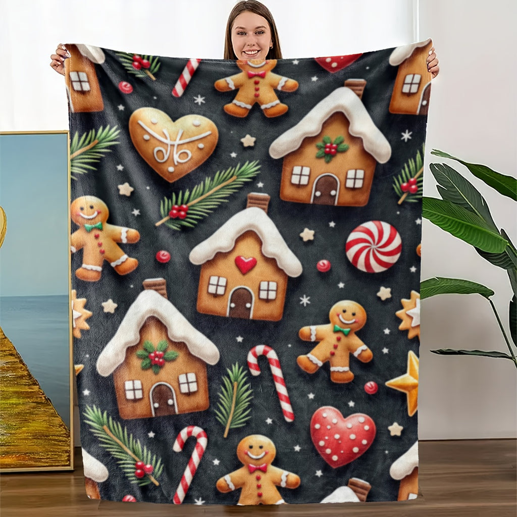 1pc Gingerbread Pattern Blanket, Christmas Print Design, Full-body Throw Blanket, Soft Flannel Plush Surface, Lightweight and Durable, Multiple Sizes Available, Suitable for Holiday Decoration, Living Room Leisure, Bedroom Warmth, and Sofa Cover