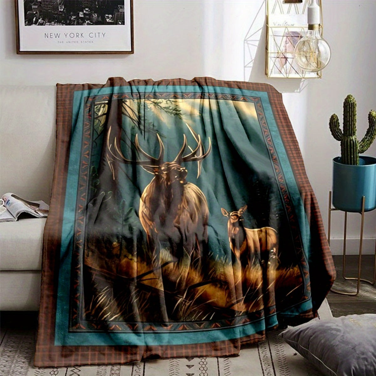 1pc 2D Flat-printed Forest Elk Pattern Blanket, Soft Flannel Throw, Dark Brown and Blue-green Design, All-season Warm Cover Blanket, Available in Multiple Sizes, Suitable for Living Room Sofas, Bedroom Headboards, Reading Nooks, Lounge Chairs