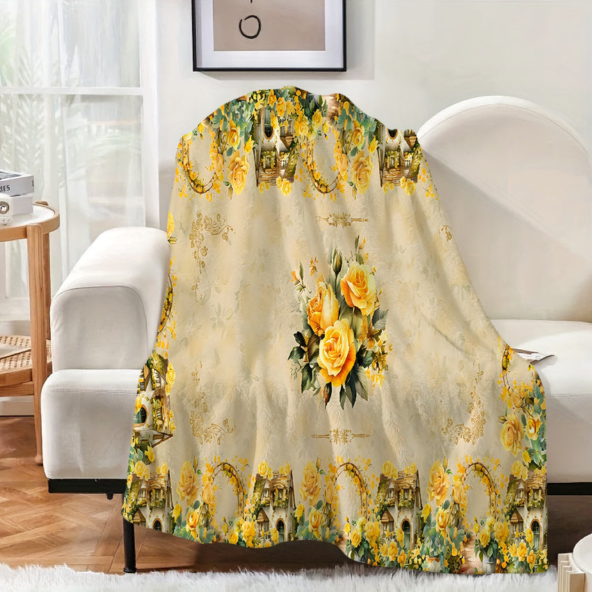 1pc Yellow Rose Pattern Blanket, Vintage Style Design, Soft Plush Surface, Lightweight and Durable Flannel Material, Multiple Sizes Available, Perfect for Holiday Decor, Living Room Lounging, Bedroom Warmth, Study Reading, Seasonal Home Decor