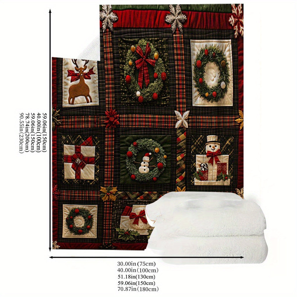 Vintage Red Snowman, Reindeer, Garland, Gift Patchwork Pattern Blanket for Family And Friends, High-Quality Polyester Machine Washable, Multifunctional Comfortable Sofa And Single Bed