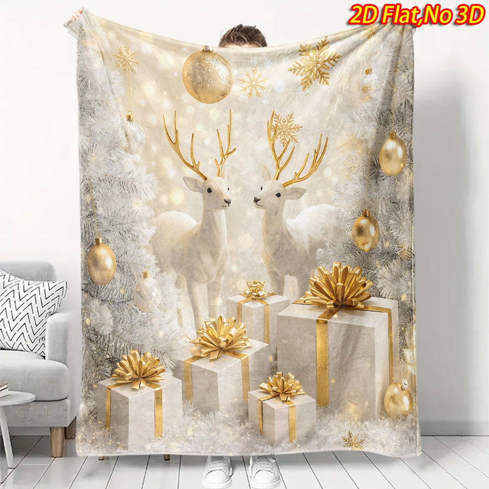 2D Flat Printing, 1pc Flannel Christmas Reindeer Print Blanket with Golden Gift Box and Snowflake Design—Soft, Warm, and Cozy, Lightweight and Durable, Multiple Sizes Available, Perfect for Christmas, Living Room Decor, Bedroom Warmth