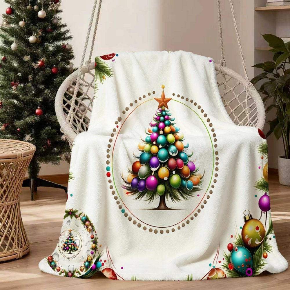 1pc, 1 Christmas Tree Patterned White Flannel Blanket, Soft, Comfortable, and Warm, with Colorful Accent Designs, Durable Plush Surface, All-season Sofa Throw, Warm Lap Blanket, Available in Multiple Sizes, Suitable for Living Room Sofas