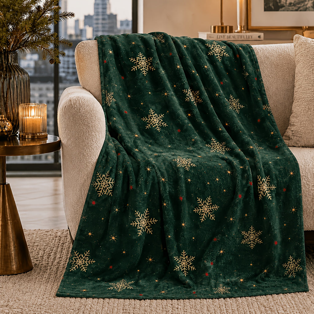 Blanket, Dark Green Winter Night Star Snow Christmas Blanket, Milk White Snowflake Golden Star Dot Pattern Soft Blanket, Living Room Sofa Bedroom Autumn And Winter Warm Home Decoration Blanket