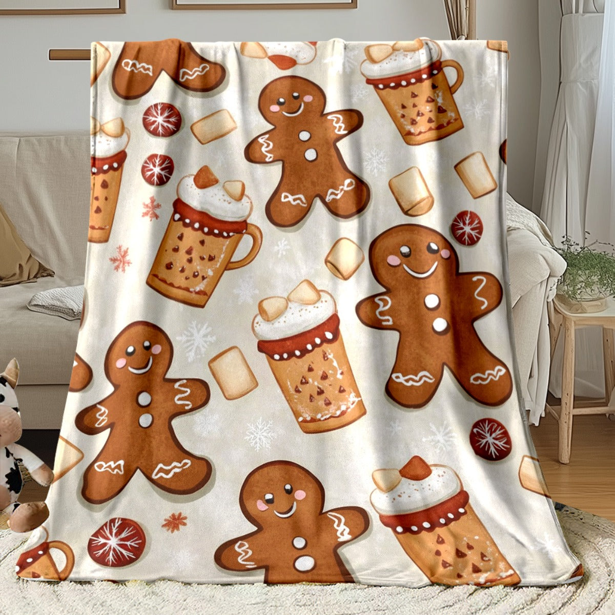 1pc of Large Beige Flannel Blanket with a Gingerbread for Man and Christmas Hot Drink Theme, Featuring Festive Decorative Design, a Large Plush Throw Blanket, Suitable for Dorm Life, Weekend Naps on the Sofa, and Home Afternoon Naps