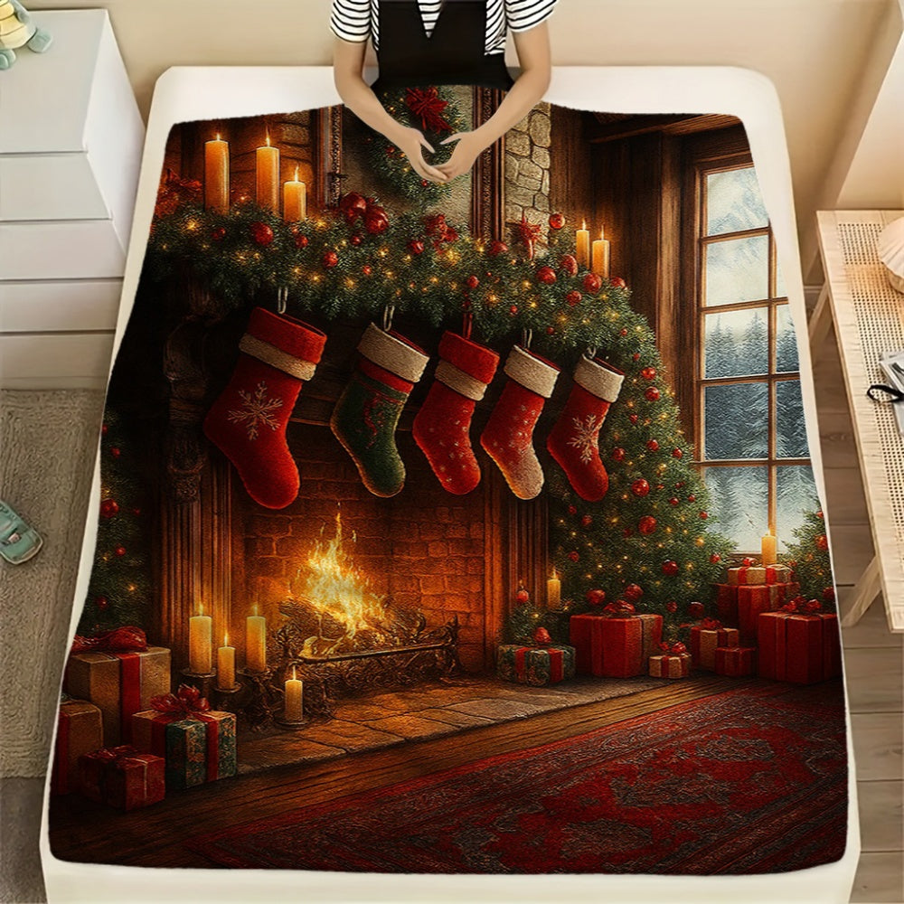 1pc Christmas Fireplace And Stocking Pattern Golden-Toned Flannel Blanket, Festive Warm Design, Soft Plush All-Season Use, Suitable for Living Room Sofa Cover, Reading Time And Weekend Naps