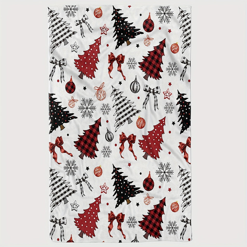 1pc Christmas Red Black Checkered Pine Tree Pattern Flannel Oversized Blanket, Festive Warm Design, Multi-Size Full-Body Blanket, Suitable for Reading Time, Camping Leisure, Seasonal Home Use