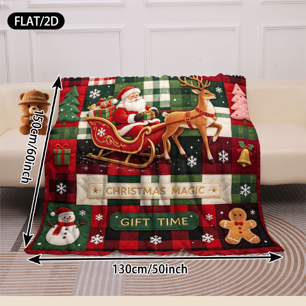 Flat/2D Digital Printing Flannel Blanket, Christmas And New Year Country Style Patchwork Pattern, Printed with Santa Claus, Reindeer Sleigh, Snowman, Gingerbread Man, Christmas Tree, Gift Box Bell Snowflake Elements, Soft