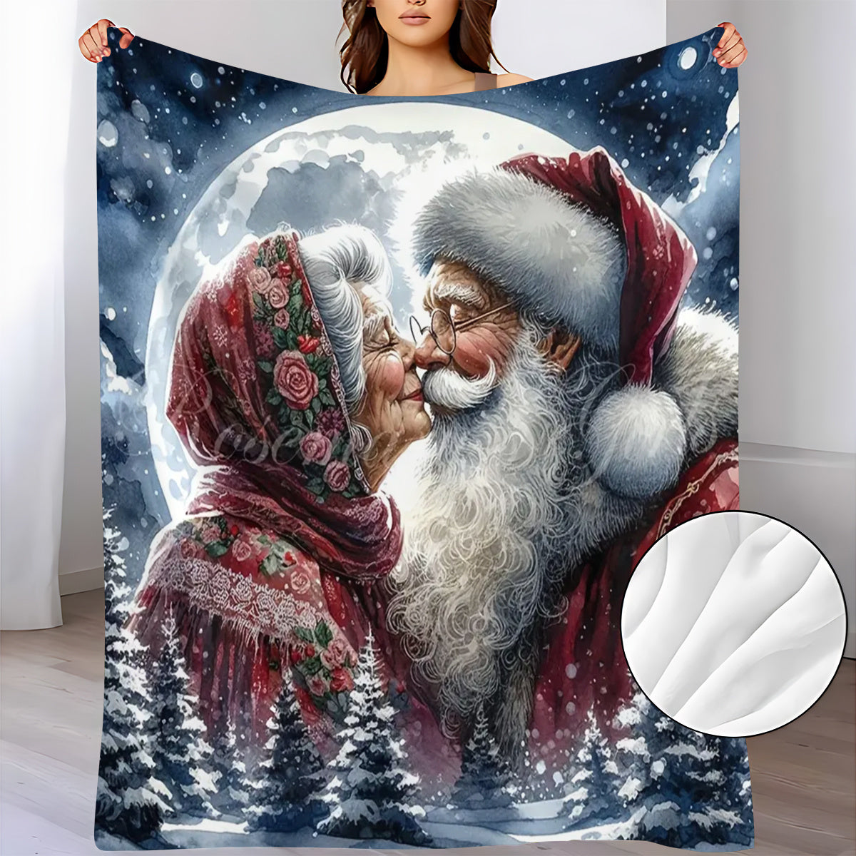 Santa and Mrs. Pattern Digital Printed Flannel Blanket, Soft and Warm Lunch Break Blanket, Suitable for Sofa, Travel, Camping, Living Room, Office, Chair, Four Seasons Available, Multipurpose Blanket