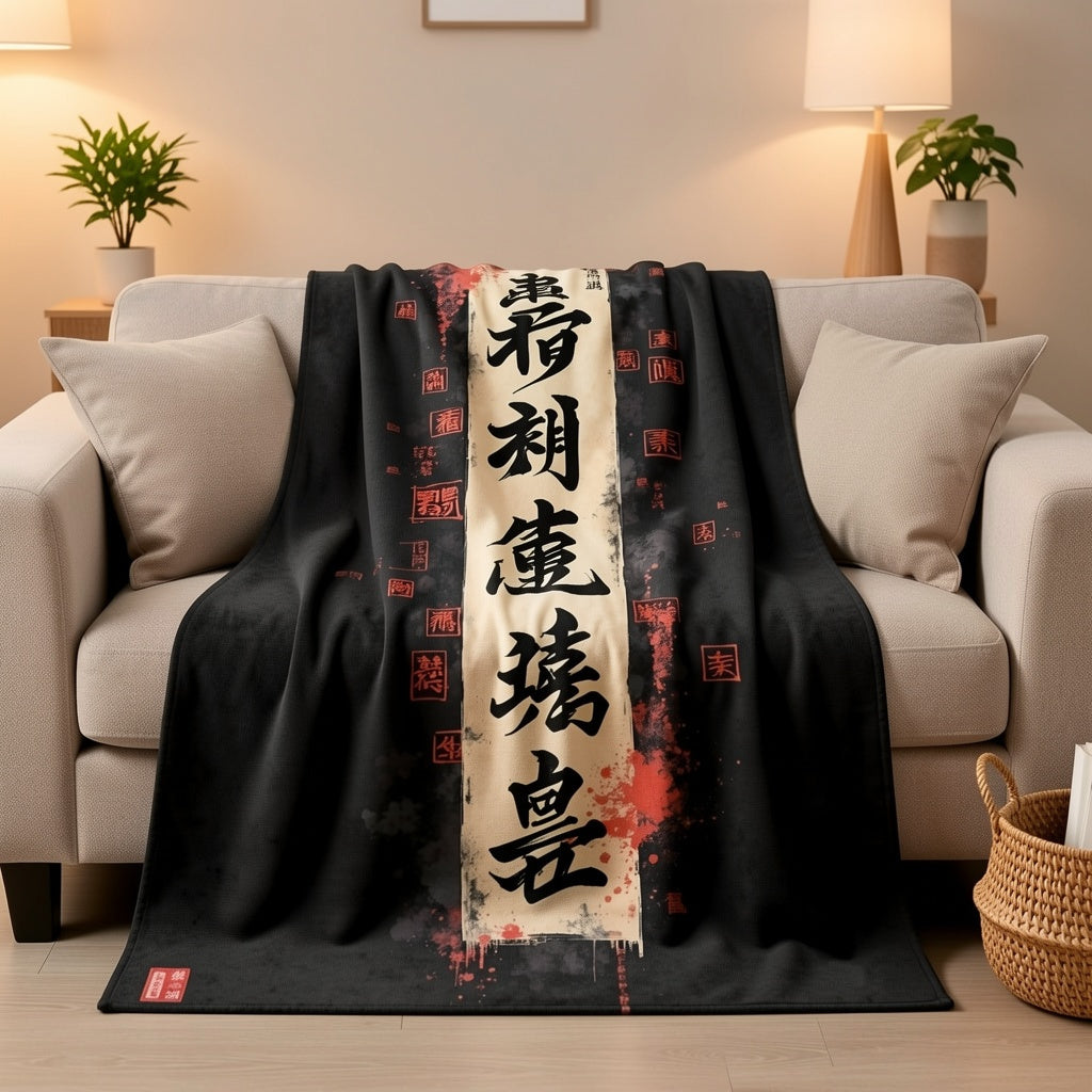 1pc Calligraphy Artistic Design Flannel Blanket, Soft Comfortable Warm, Black Background Red Ink Art Style, Durable Plush Surface, All-Season Bed Blanket, Warm Cover, Multiple Sizes Available, Suitable for Living Room Sofa, Bedroom Bed
