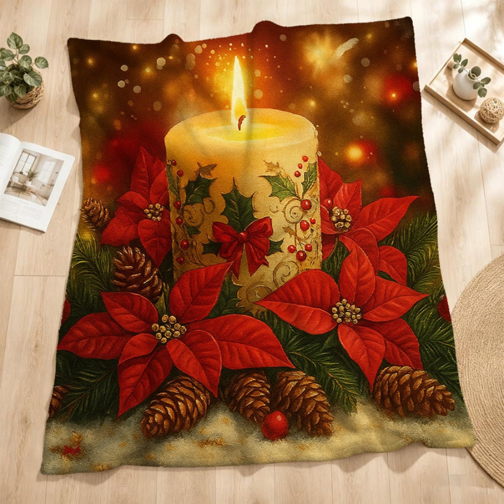 1pc Christmas Candle And Red Flower Pinecone Pattern Golden-Toned Flannel Blanket, Festive Warm Decor Design, Soft Plush All-Season Use, Suitable for Home Nap, Reading Time, And Seasonal Home Use
