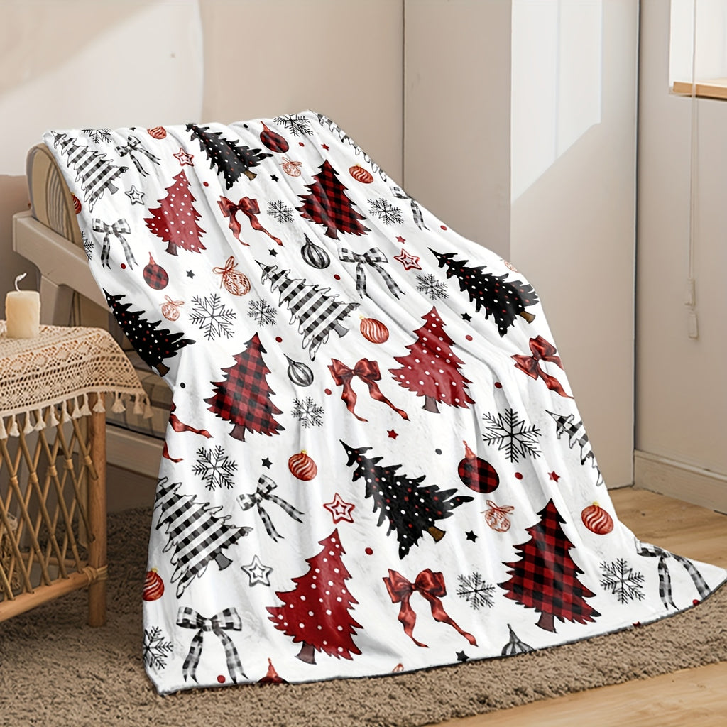 1pc Christmas Red Black Checkered Pine Tree Pattern Flannel Oversized Blanket, Festive Warm Design, Multi-Size Full-Body Blanket, Suitable for Reading Time, Camping Leisure, Seasonal Home Use