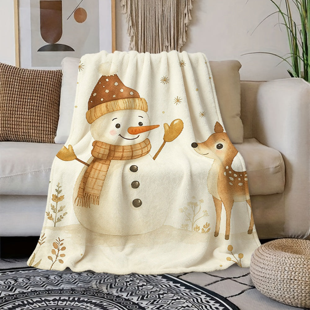 1pc of Snowman and Reindeer Christmas-themed Cream Beige Flannel Blanket, Featuring a Cozy Holiday Design, Soft Plush Surface for All Seasons. Suitable for Reading Time, Weekend Sofa Naps, and Festive Home Decor