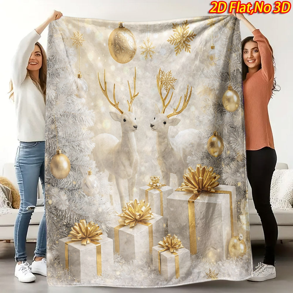 2D Flat Printing, 1pc Flannel Christmas Reindeer Print Blanket with Golden Gift Box and Snowflake Design—Soft, Warm, and Cozy, Lightweight and Durable, Multiple Sizes Available, Perfect for Christmas, Living Room Decor, Bedroom Warmth