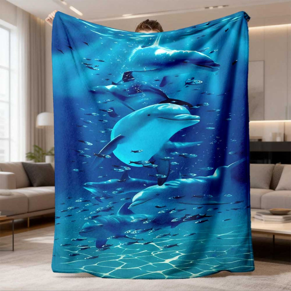 1pc 2D Flat Print Ocean Whale and Fish School Blanket, Soft Flannel Throw—dark Blue and Cyan Design, Multiple Sizes Available, Suitable for Living Room Sofas, Bedroom Bedsides, Reading Nooks, Windowsill Lounging, and Leisure Time, 2D Flat