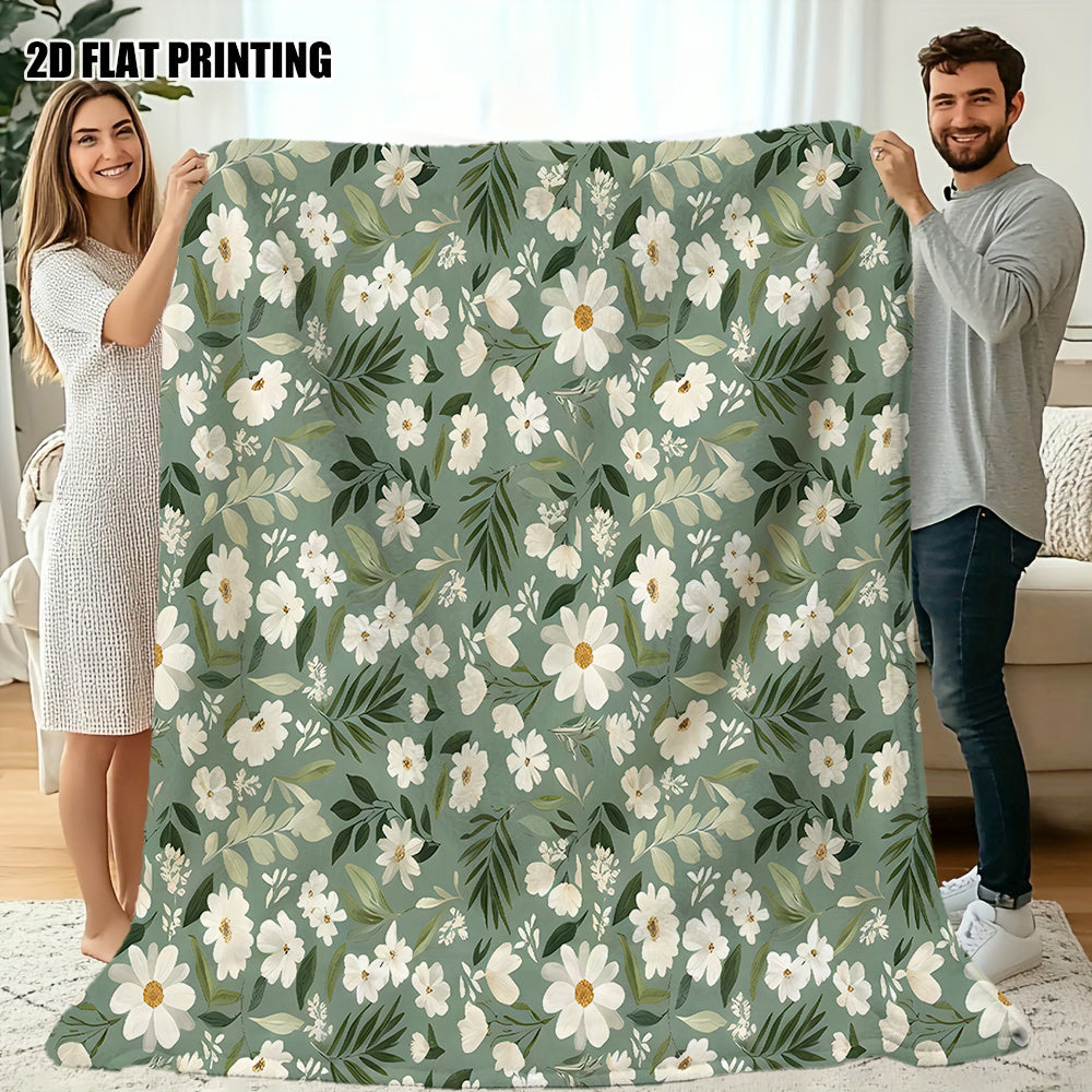 1pc White Daisy Pattern Blanket, Pastoral Style Design, Soft Velvet Surface, Flannel Material Lightweight And Durable, Multi-Size Available, Perfect for Holiday Gatherings, Living Room Leisure, Bedroom Sleep, Study Reading, Seasonal Home Decor