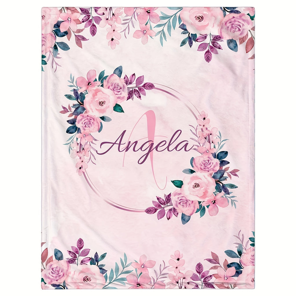 1pc 2D Flat Printing, Floral Wreath And Angela Letter Blanket, Soft Fleece Blanket - Pink Romantic Design, Multi-Size Available, Suitable for Bedroom, Living Room, Sofa, Bedside, And Reading