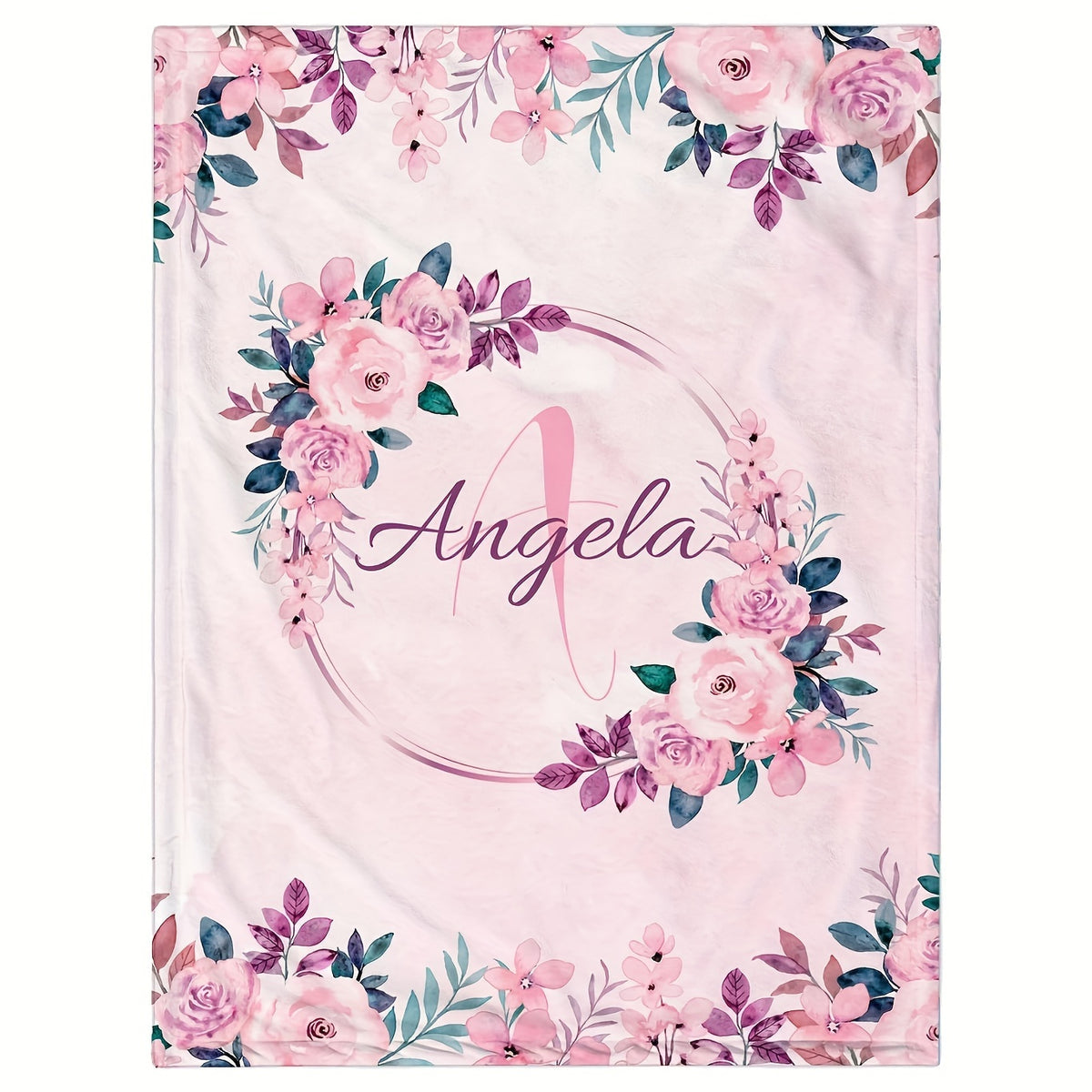 1pc 2D Flat Printing, Floral Wreath And Angela Letter Blanket, Soft Fleece Blanket - Pink Romantic Design, Multi-Size Available, Suitable for Bedroom, Living Room, Sofa, Bedside, And Reading