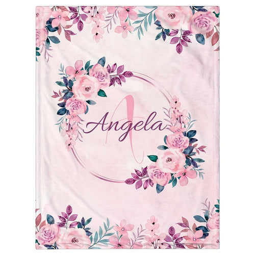 1pc 2D Flat Printing, Floral Wreath And Angela Letter Blanket, Soft Fleece Blanket - Pink Romantic Design, Multi-Size Available, Suitable for Bedroom, Living Room, Sofa, Bedside, And Reading