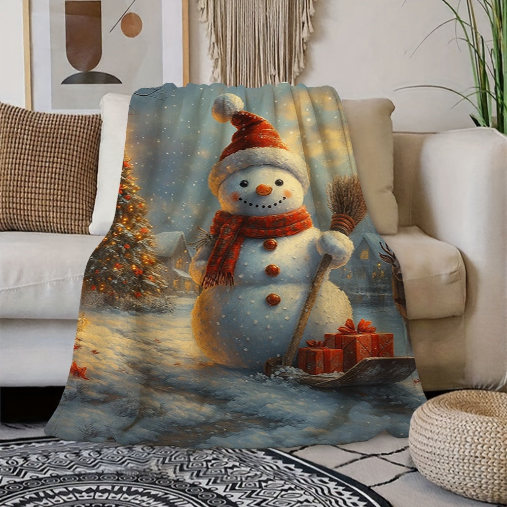 1pc of Snowman Holding a Gift Box Christmas-themed Flannel Blanket, Blue Winter Decorative Design, Soft Plush for All Seasons, Suitable for Weekend Naps on the Sofa, Reading Time, and Holiday Home Decor