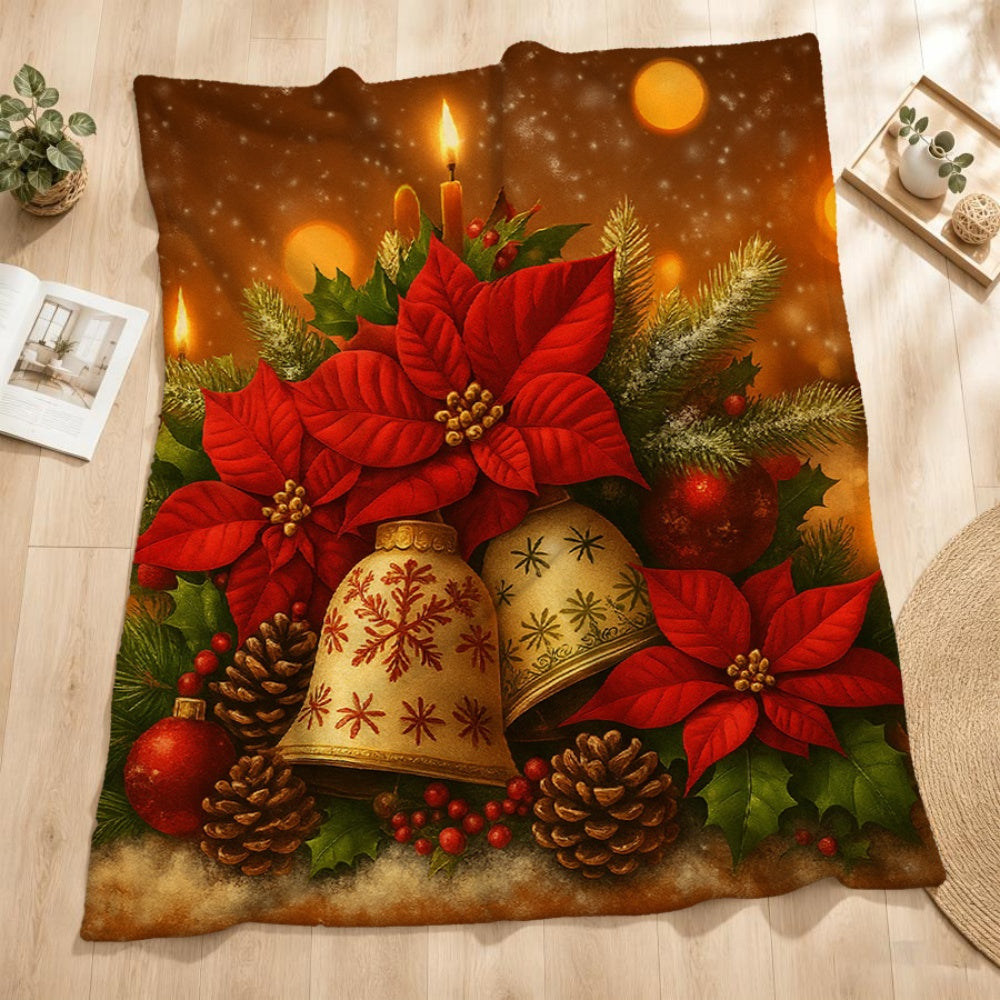 1pc of Christmas Flannel Blanket with Red Flowers, Pinecones, and Golden Bell Patterns. Features a Festive and Warm Decorative Design, with a Soft Plush Surface Suitable for All Seasons. Ideal for Holiday Home Decor, Home Naps, and Reading Time